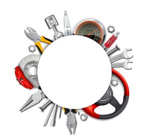 a circular white circle with various tools around it